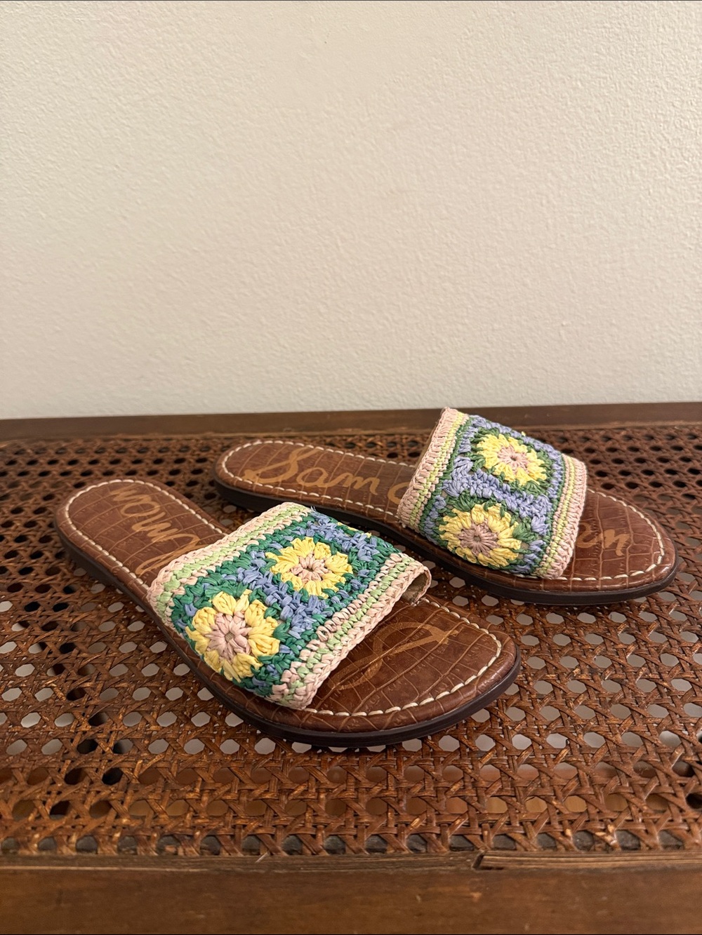 Sam Edelman Crochet Slide Sandals in Pastel Green, Yellow, Lavender and Cream